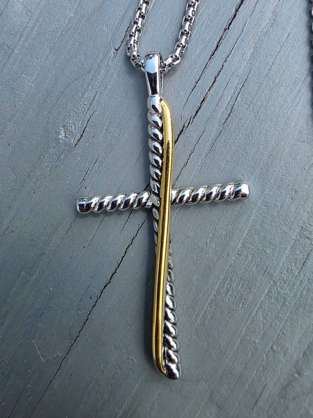 Two-Tone Silver and Gold Men's Cross Pendant Necklace